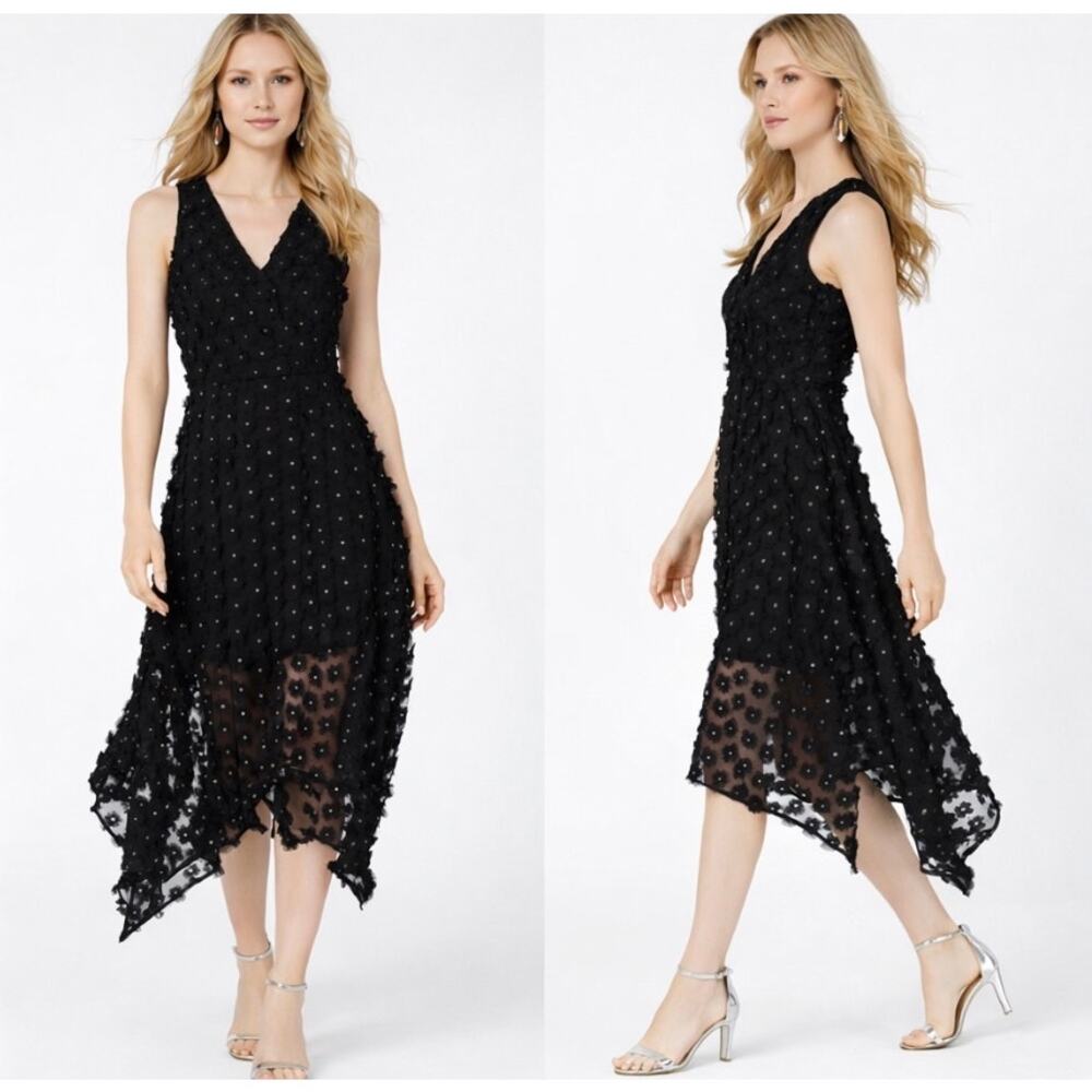 Kensie Black 3D Floral Asymmetrical Hem Dress Size 4 Gold Dot Sleeveless V-Neck